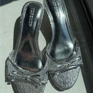 Topshop Black Textured Open-Toe Mule Sandals with Bow